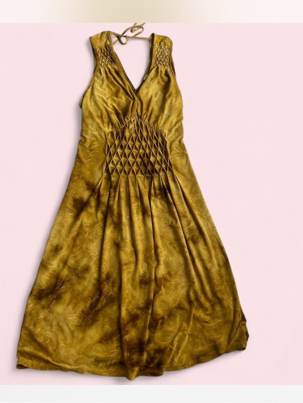 Vintage Y2K Boho Mustard Midi Dress Beach Dress Festival Dress
